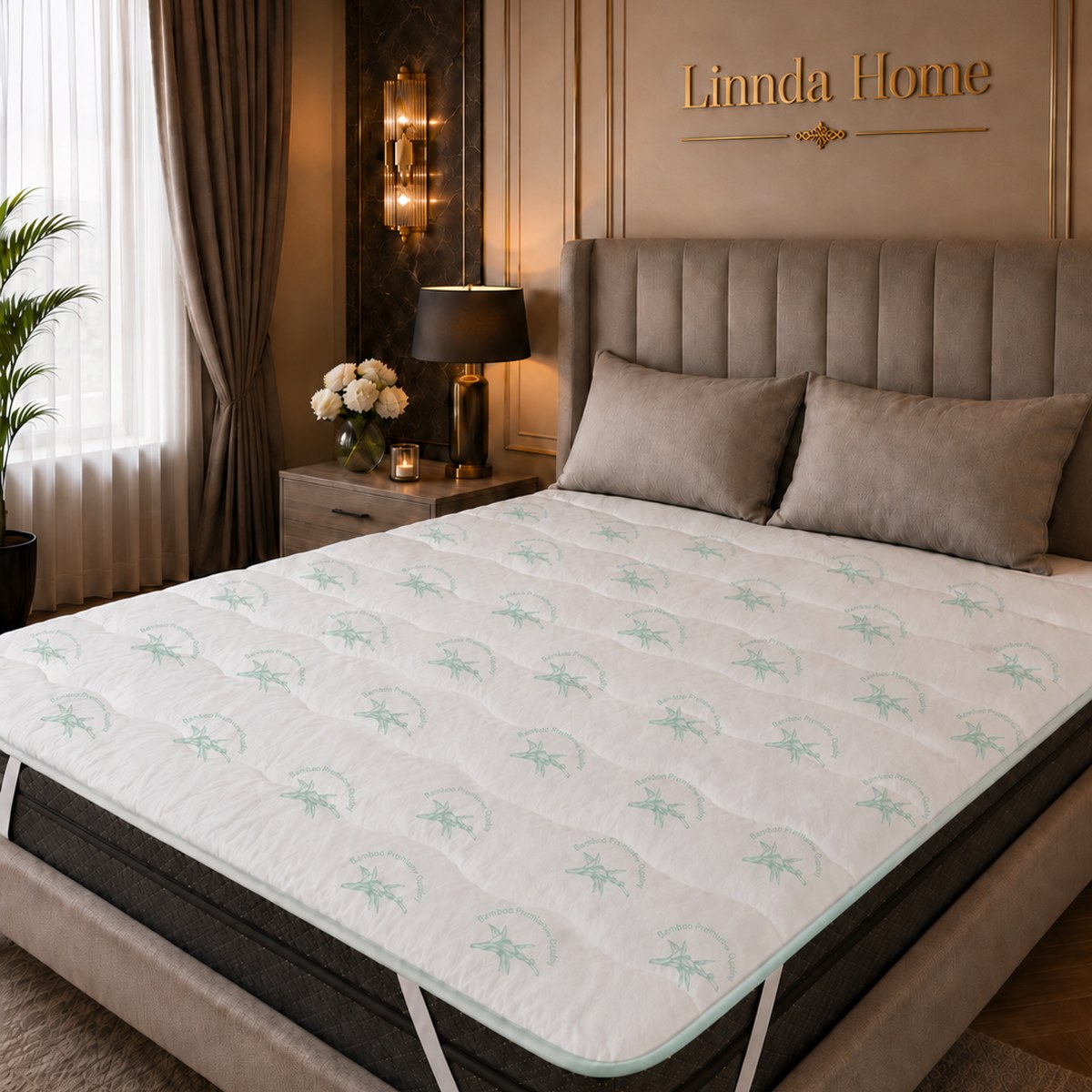 Bambu Yatak Pedi | Bambu Elyaf Dolgulu | Bambu Desenli Premium Pamuk Kumaş | Kapitoneli & Köşe Lastikli